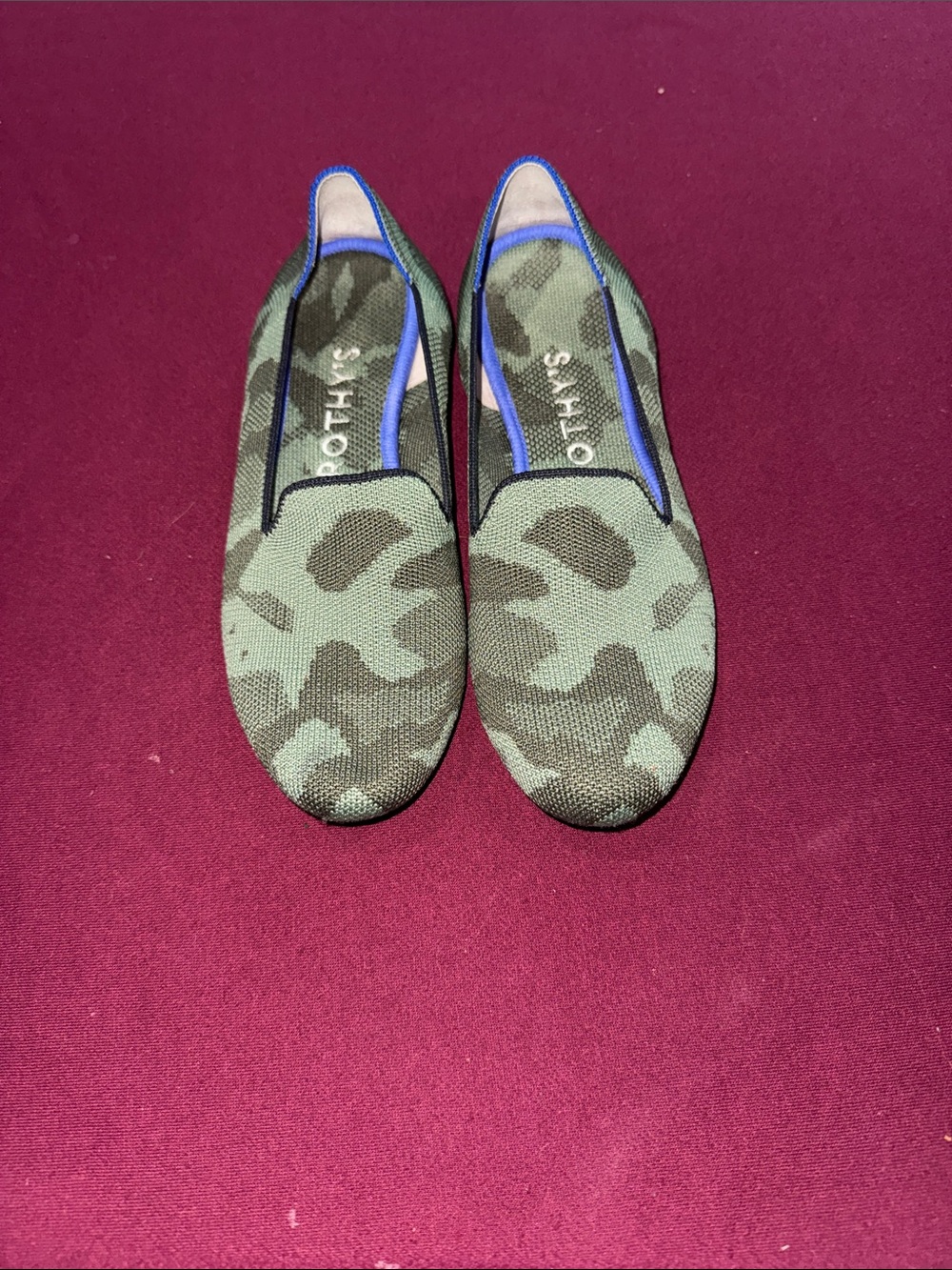 Rothy's Kids Camo Slip-On Flats in Green with Blue Trim